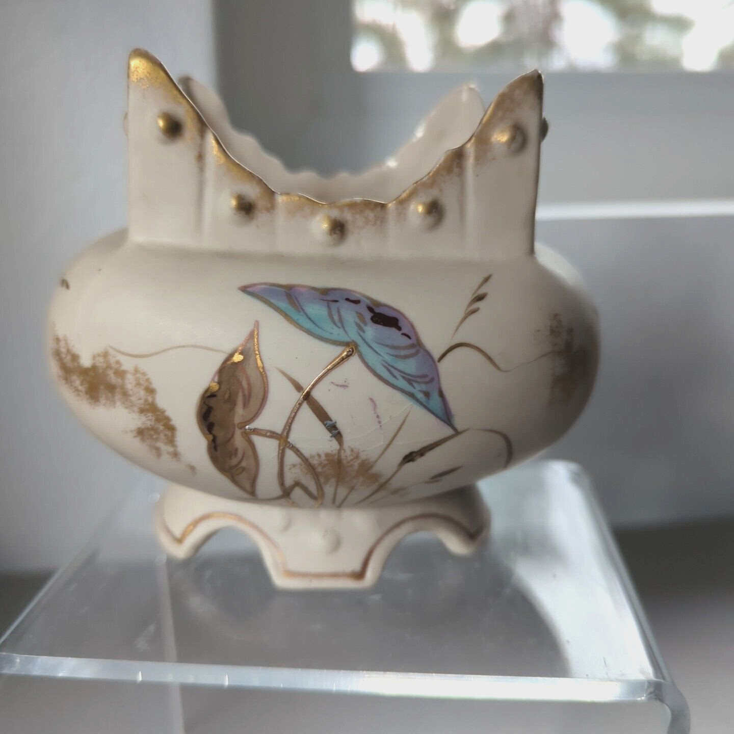 Antique Royal Porcelain Vase Ceramic Hand Painted Floral Bird Gold Gilding Oval