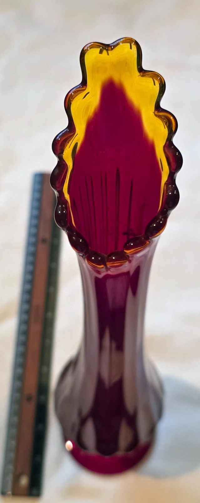 MCM Dark Red & Amber? Swung Vase 17″ high, by Fenton