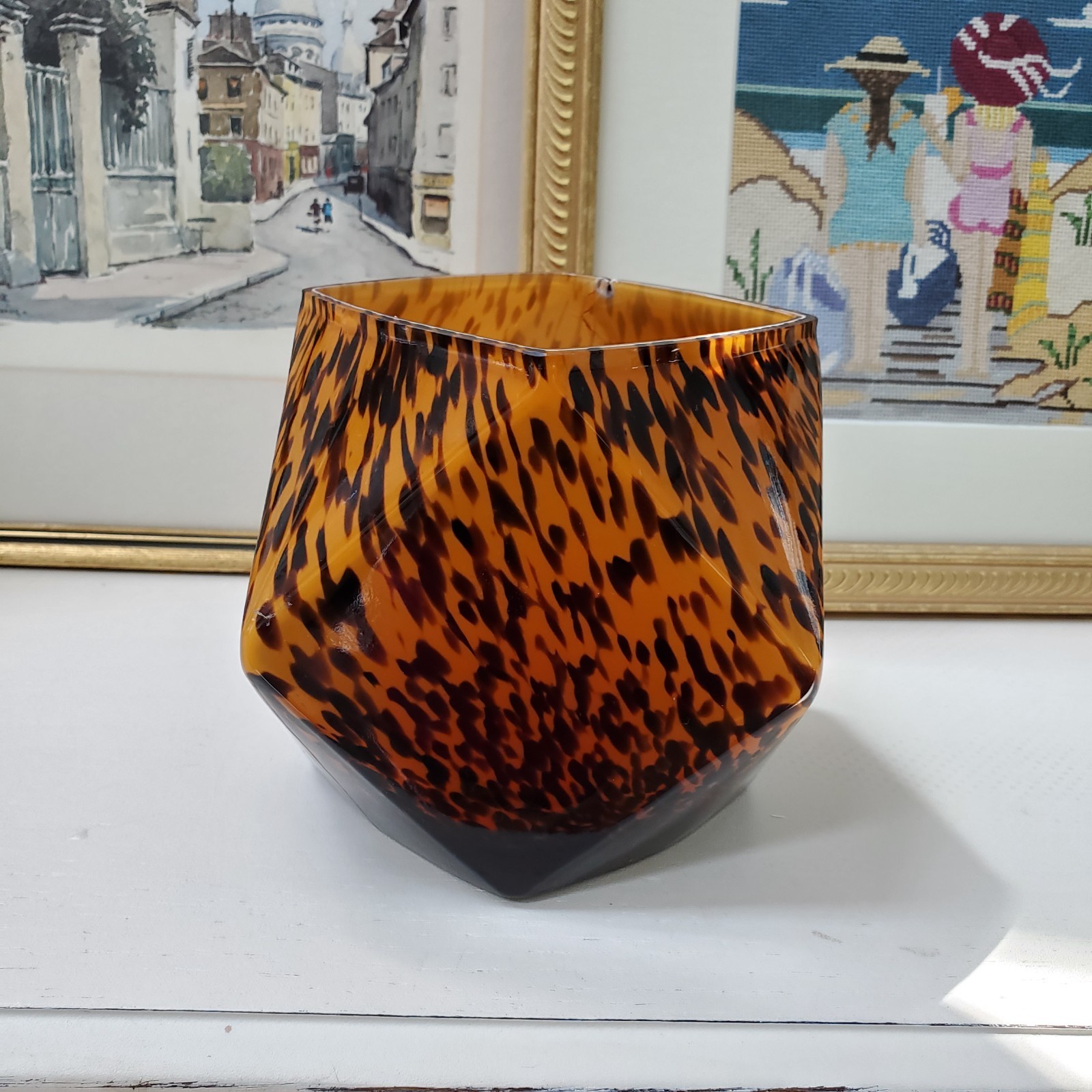 Vintage Leopard Speckled Polyhedral Glass Vase Mouthblown Handmade FLAW 5″x5″