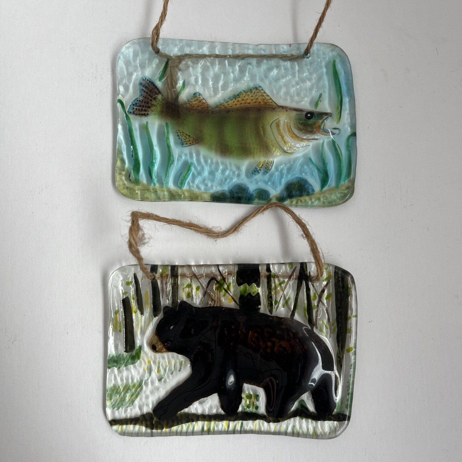 Vintage Lot 2pc Set Glass Christmas Ornament Sun Catchers Window Hang Fish Bear