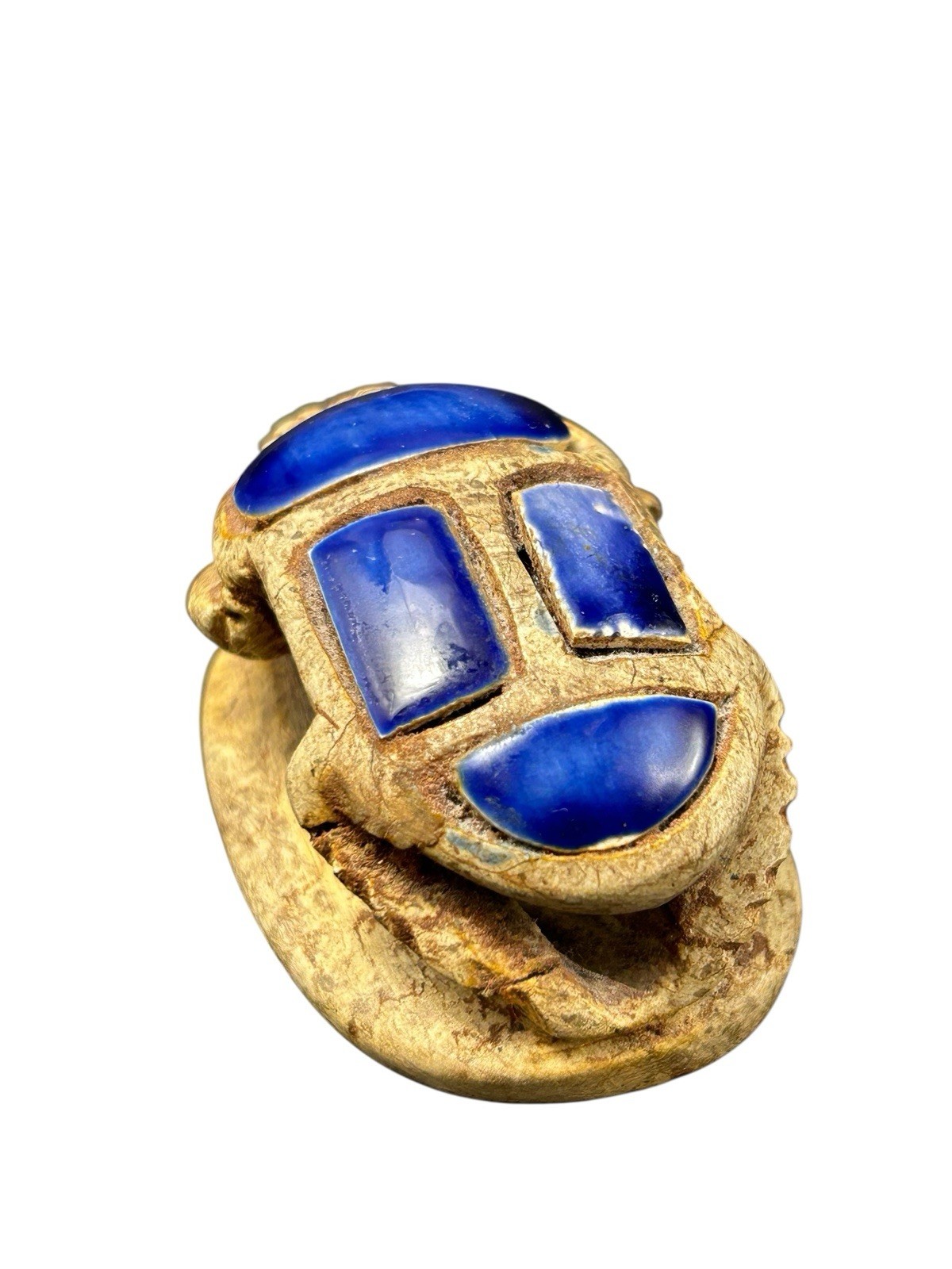 Egyptian Scarab Beetle Pendent Carved Soap Stone? Blue Glaze Hieroglyphics
