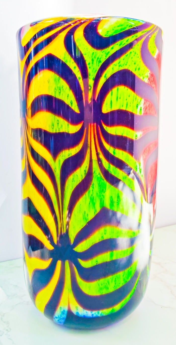 Murano Style Hand Blown Rainbow Art Glass Vase Swirled Ribbon Heavy 6 lb 10”