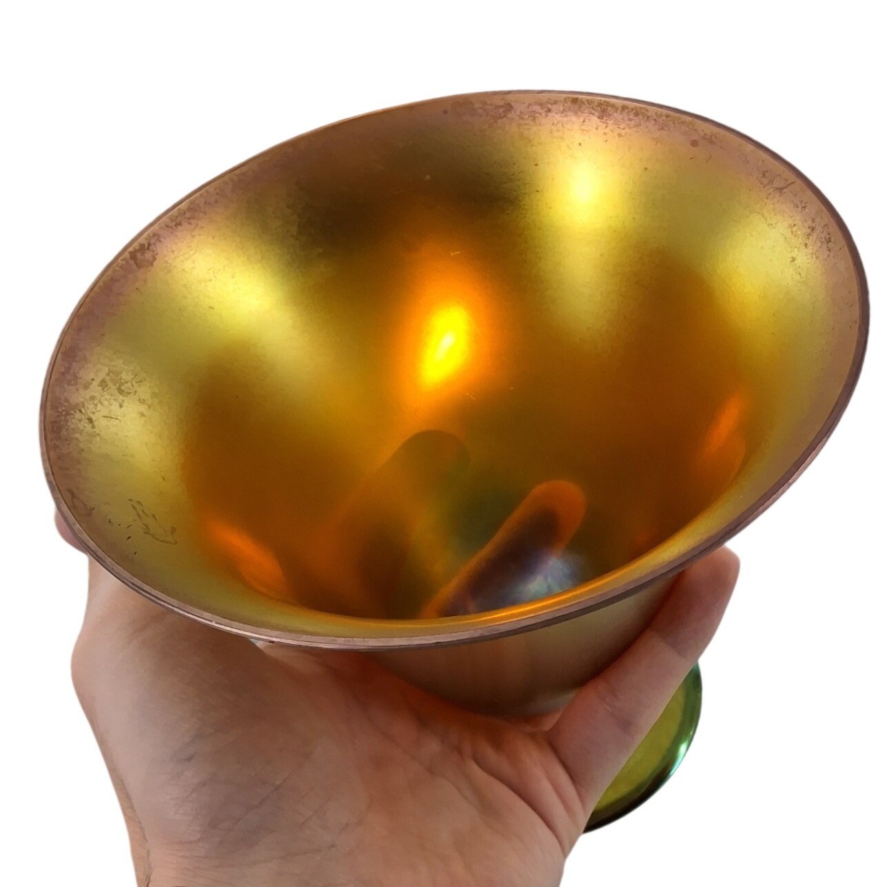 Steuben Aurene Gold Blue Iridescent Art Glass Compote Pedestal Bowl Vintage 5″