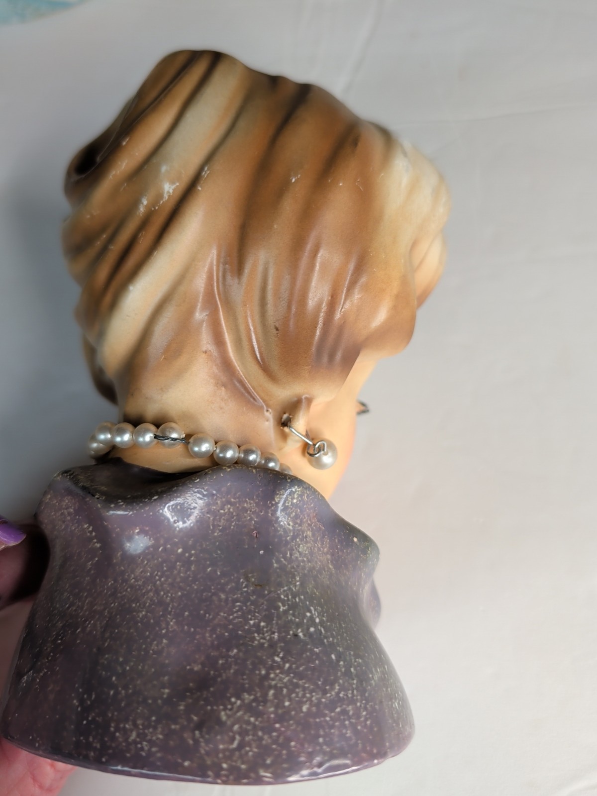 Rubens Lady’s Head Vase #483 Pearl Necklace Earrings Purple Top Scratches Chips