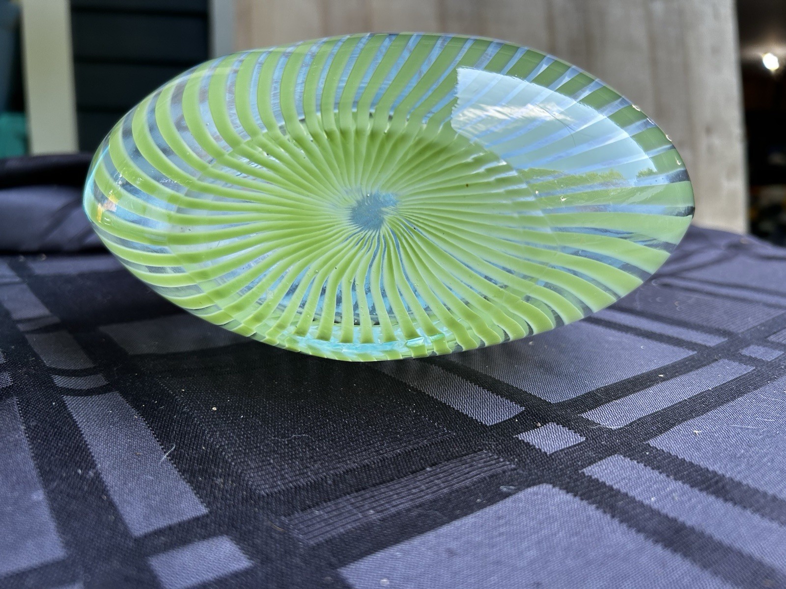 Blue & Green Striped Glass Vase, Glossy Finish Decorative 8 in x 8 in