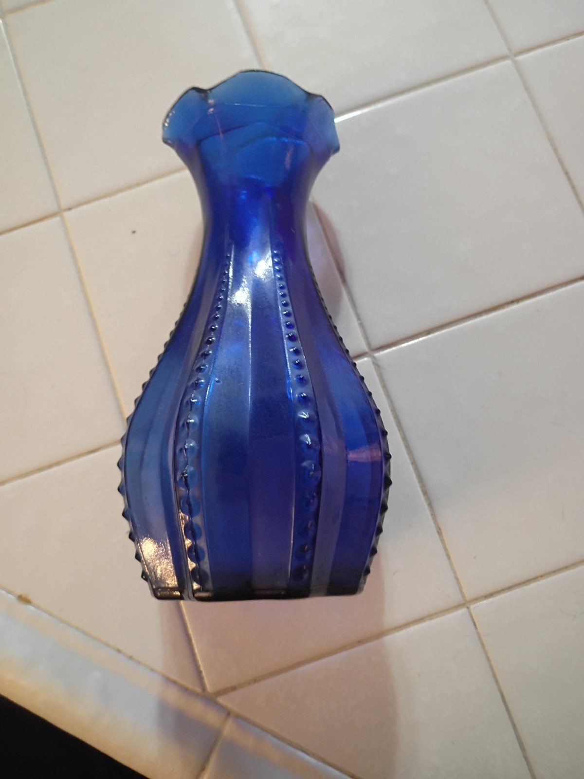 Blue Glass Decorative Vase with Beaded Edge and Glossy Finish
