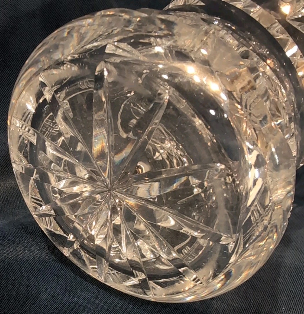 Vintage Cut Crystal Glass Vase Sawtooth Rim Wide Opening Star Sunburst Brilliant