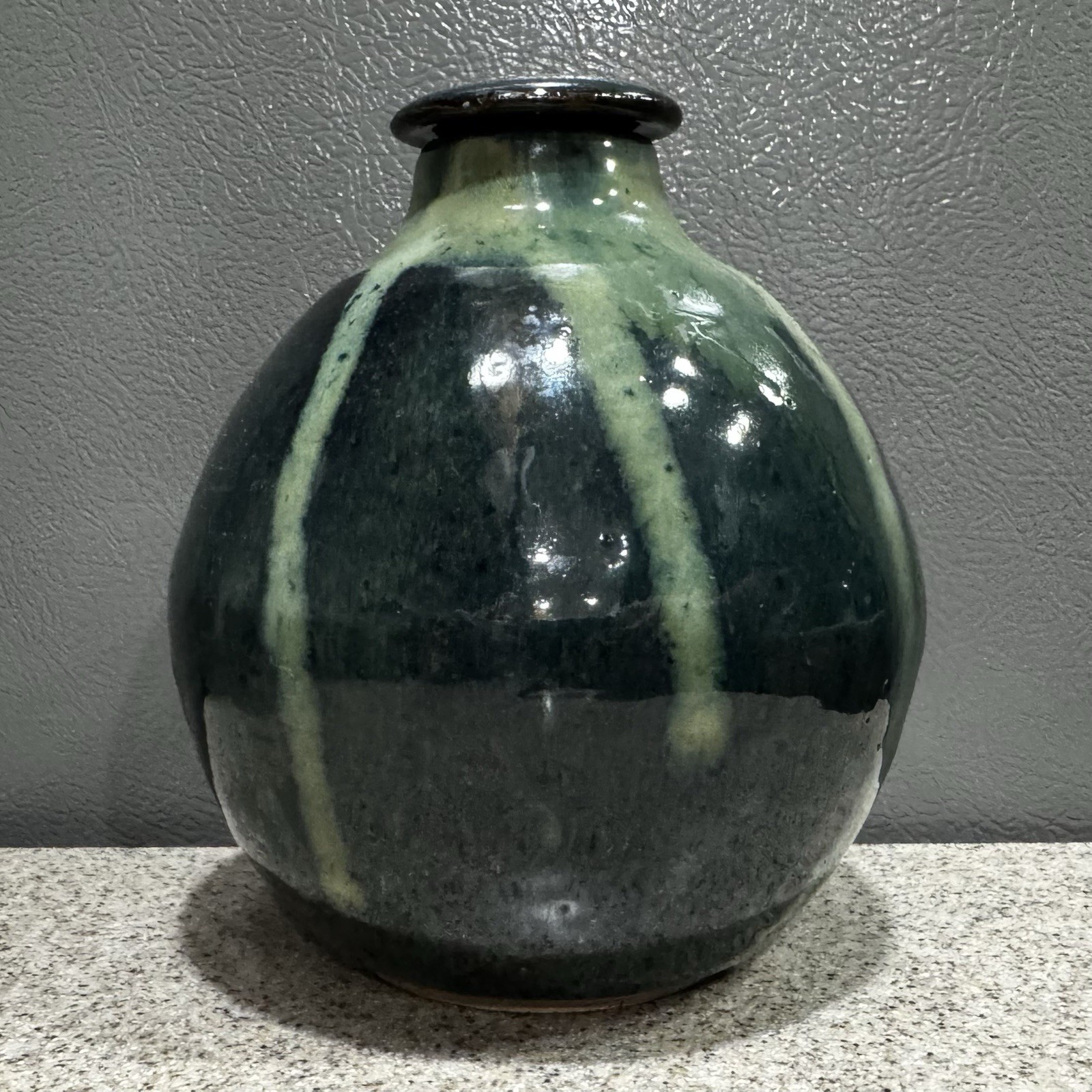 Stunning OOAK Hand Thrown Green Heavy Glazed Round Bud Vase Lidded Marked EUC!
