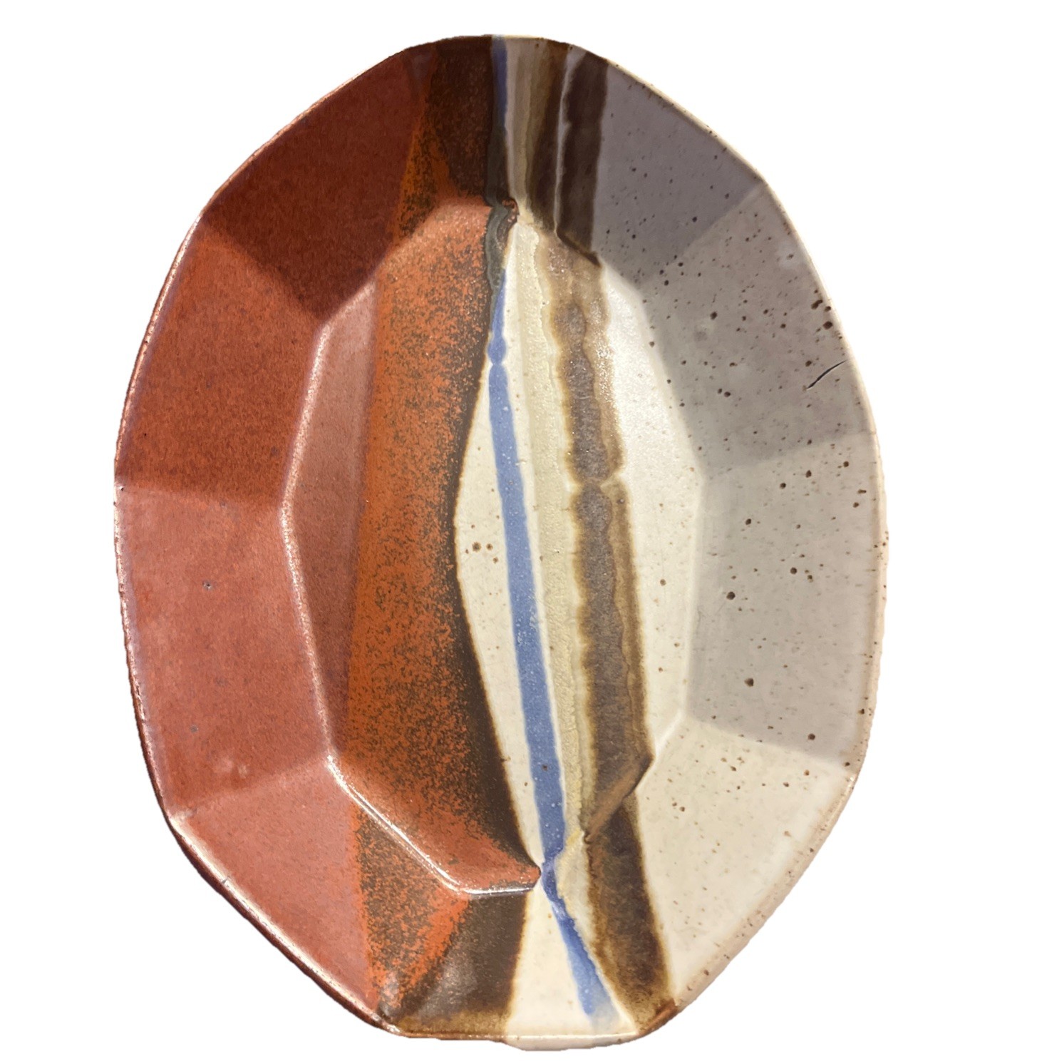 Pottery Ceramic Dish Platter Tray Abstract Tan Ben Beige Blue Decorative Shape