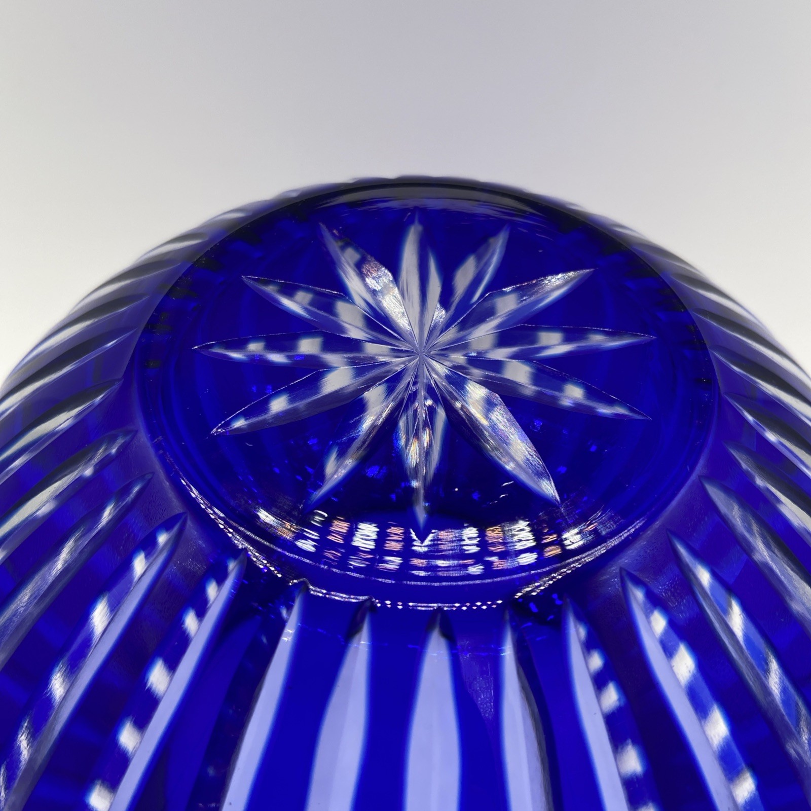 Striped Cased Sapphire Cobalt Blue Cut Glass Bowl Vase 5.75″ tall 7″ wide Round