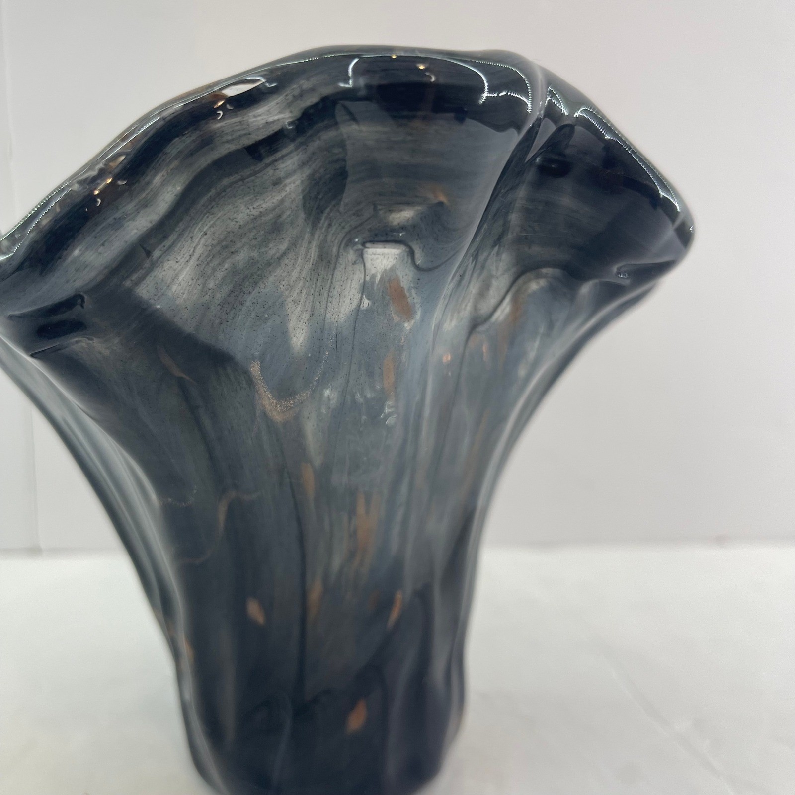 Vintage Murano Style Handkerchief Art Glass Vase Blue Gray Copper Fleck Ruffle