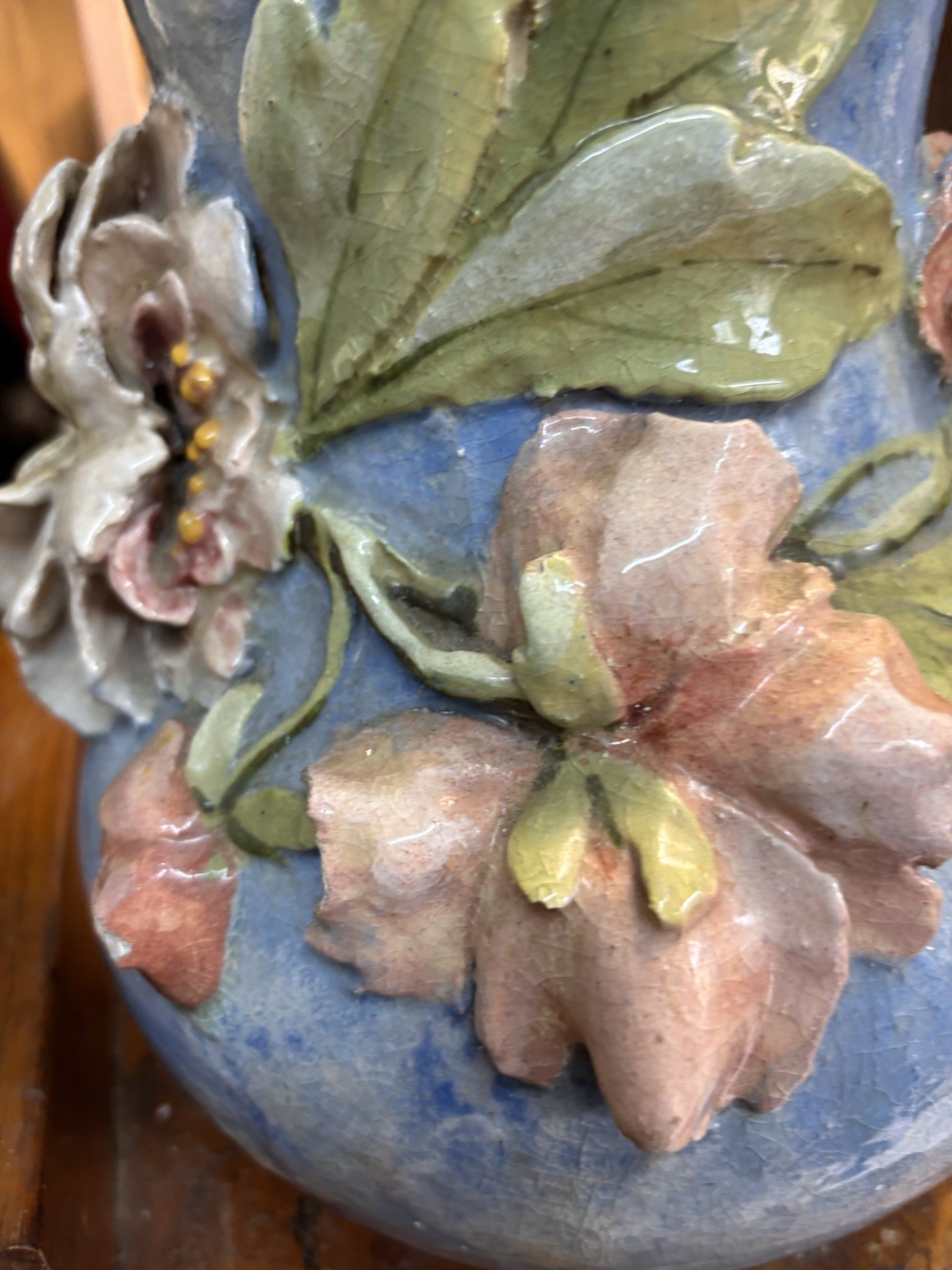 Antique Barbotine Majolica French Floral Vase