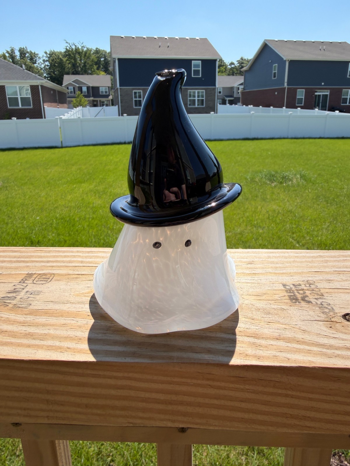 Hand Blown Glass Ghost Figurine with Black Witch Hat Halloween Decor OOAK