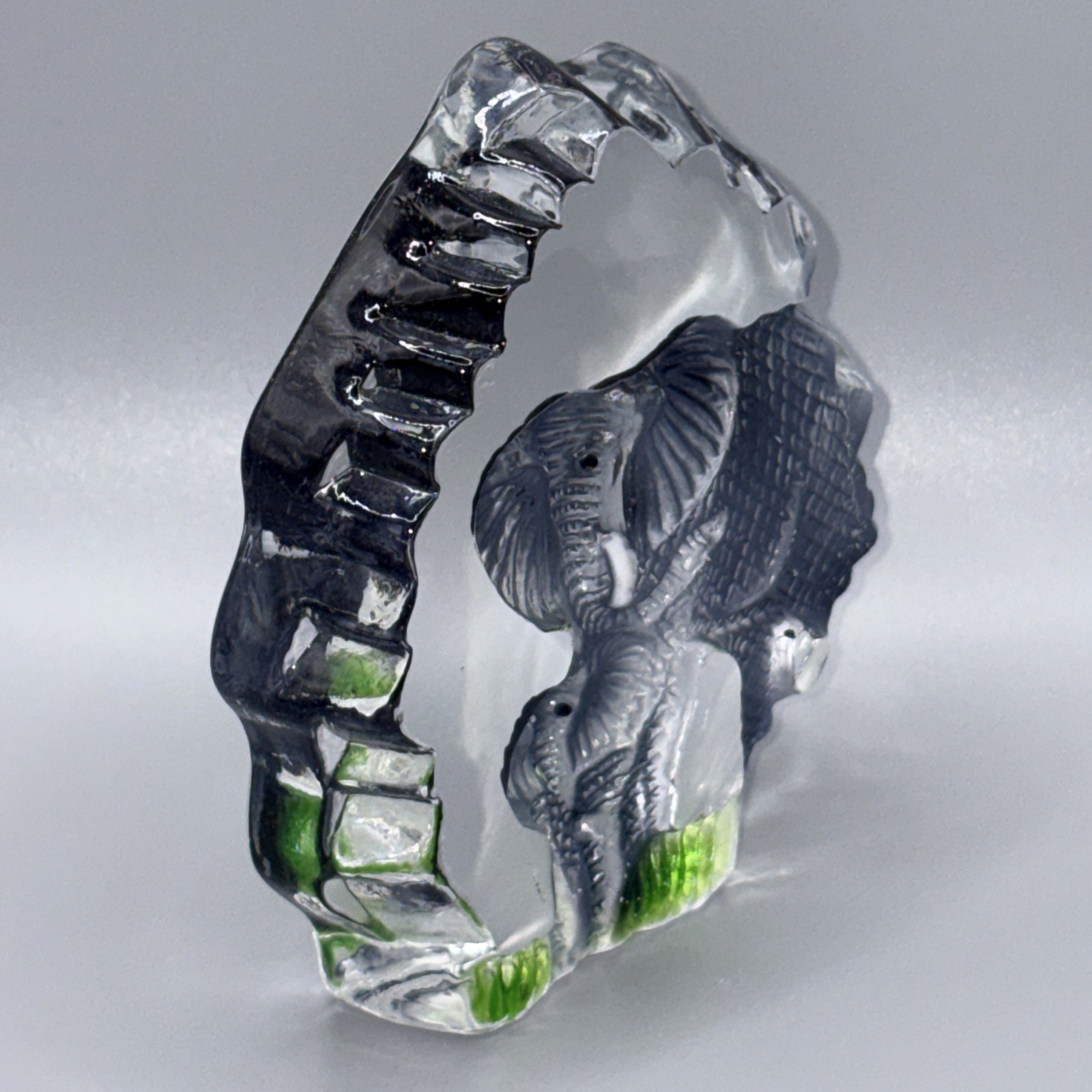 Vtg Intaglio Art Glass Elephant Paperweight Mother Baby Calf Painted Crystal 3.5