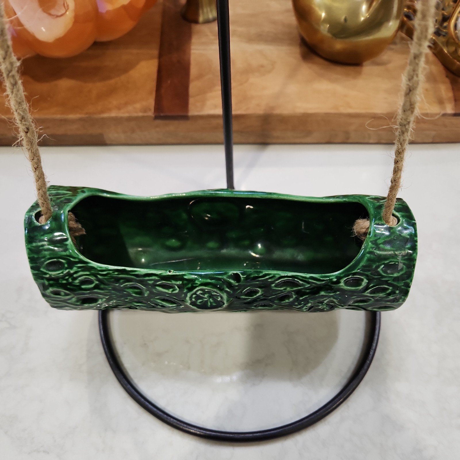 Green Glazed Pottery Log Vase with hanging rope Home Decor – 7.5″ Long