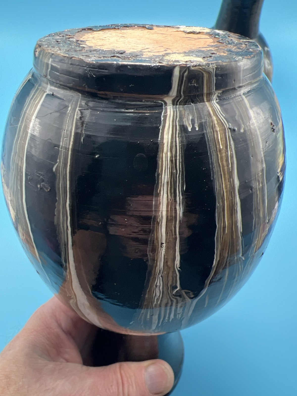Set 2 Vintage Art Glass Black, Bronze, White Gold Swirl Vase Mid Century Modern