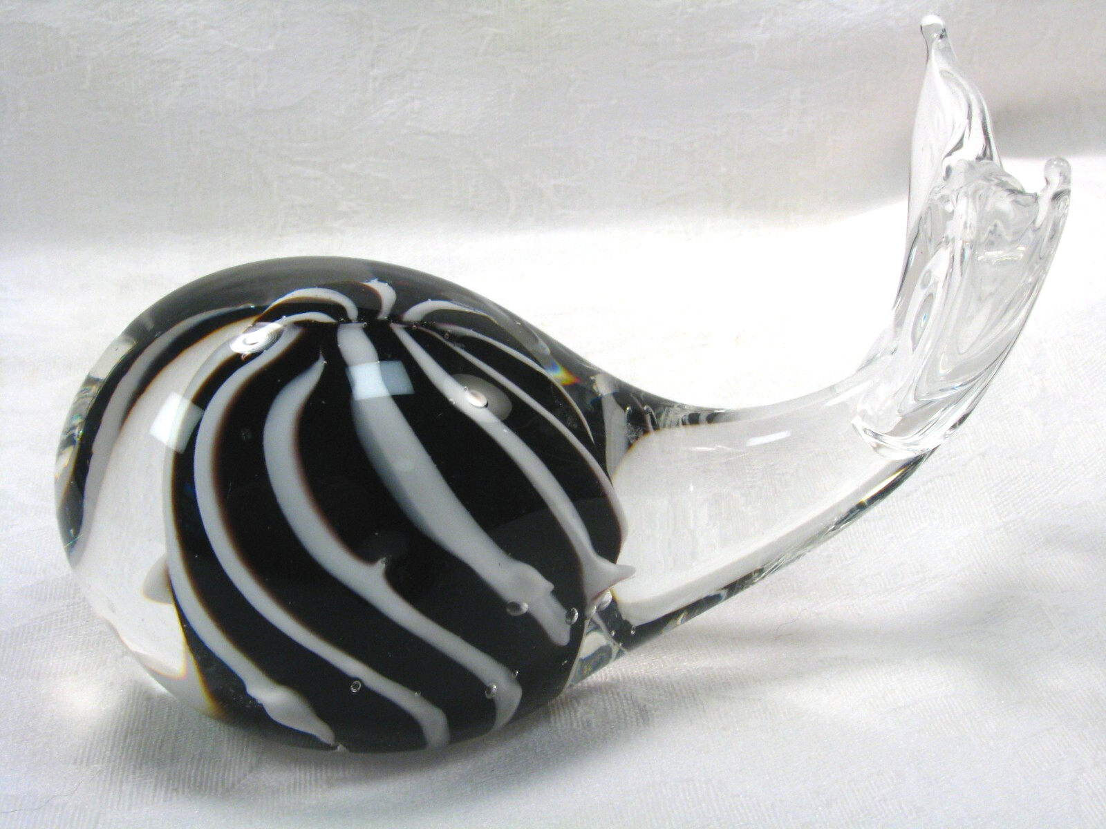 Hand Blown Art Glass Whale Figurine Clear Black White Decorative Paperweight 4″