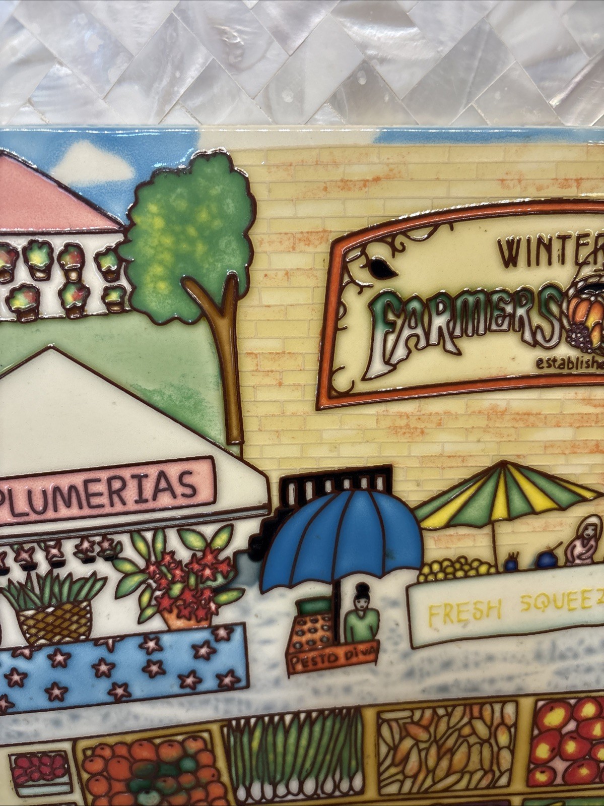 Large 3D Raised Ceramic Wall Hanging Winter Park,Fl Farmers Market Flowers Fruit
