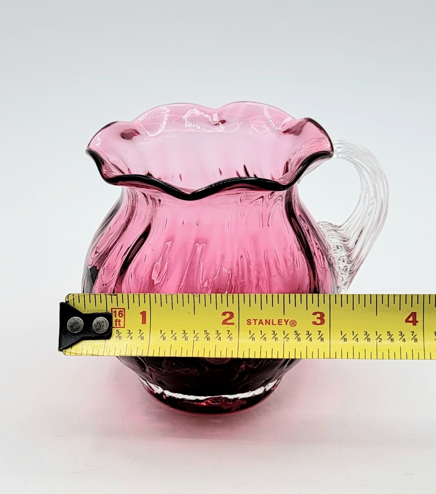 Pilgrim Cranberry Art Glass Vase W/ Ribbed Handle Ruffled Rim Hand Blown MCM
