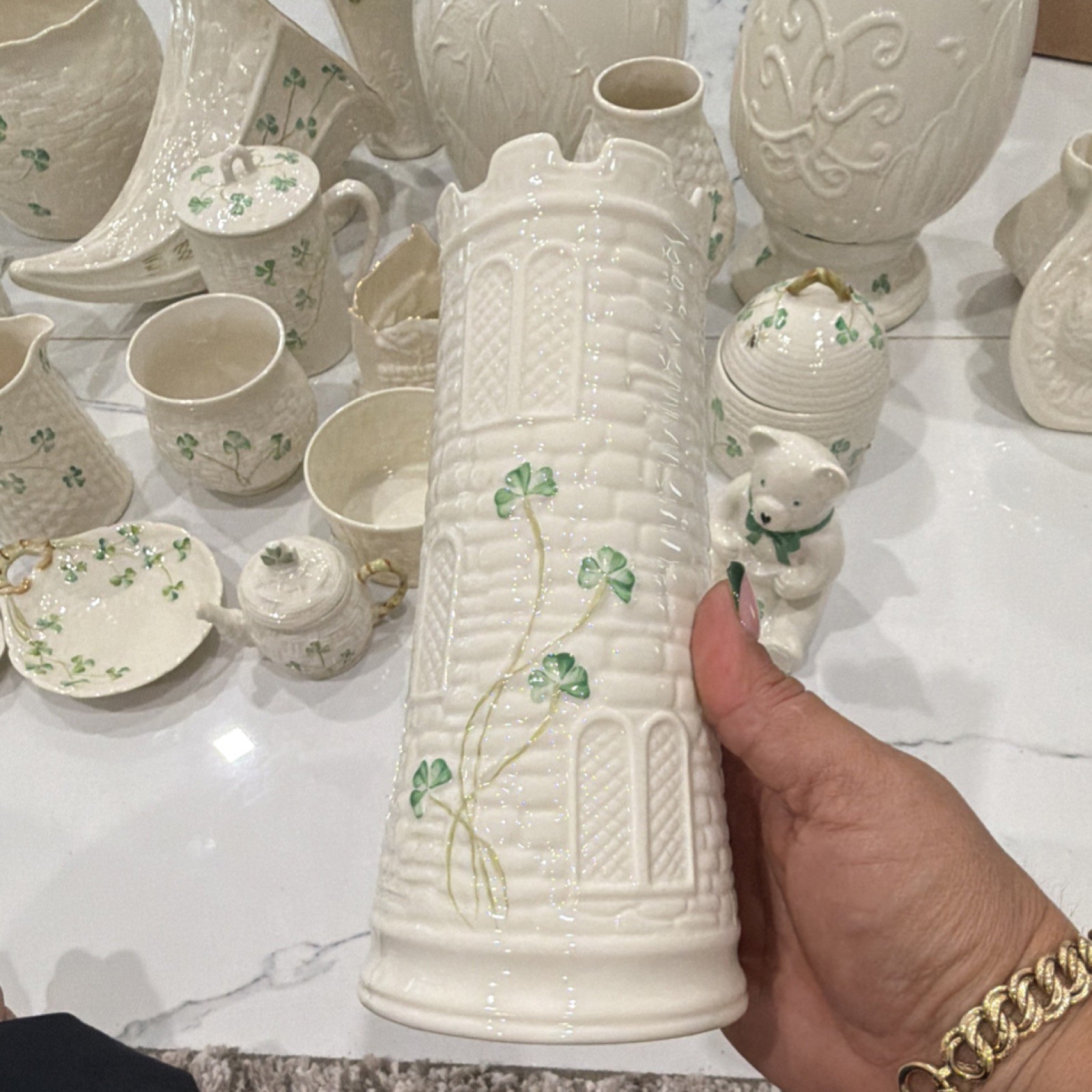 Belleek Ireland Shamrock Ceramic Vase White Green Glossy Finish Irish 1973 26 pi