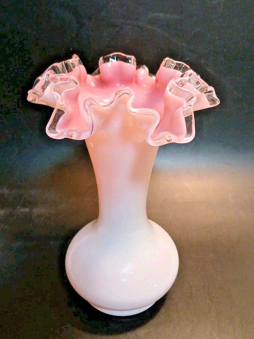 Vintage Fenton White Milk Glass Cased Peach /Pink Crest Ruffled 8″ Vase