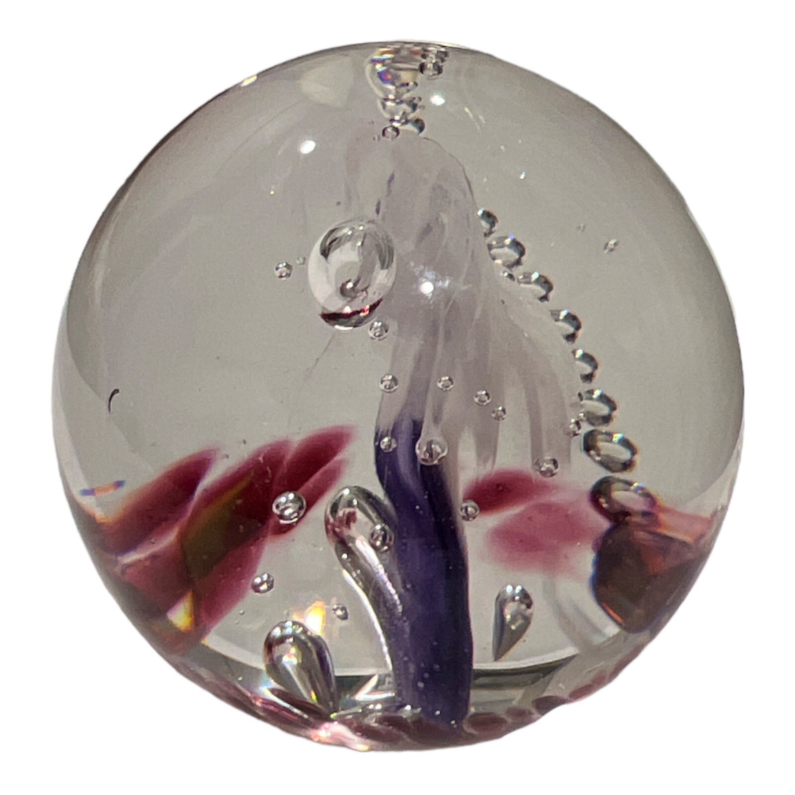 Hand Blown Art Glass Paperweight Controlled Bubble Purple Swirl SIGNED Willow 99