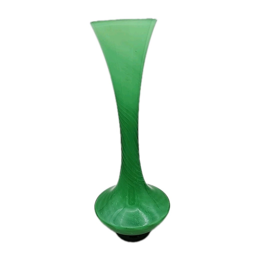 Vintage Handblown Green Vase Cased Art Glass White Inside 9”Tall x 3.5” Wide