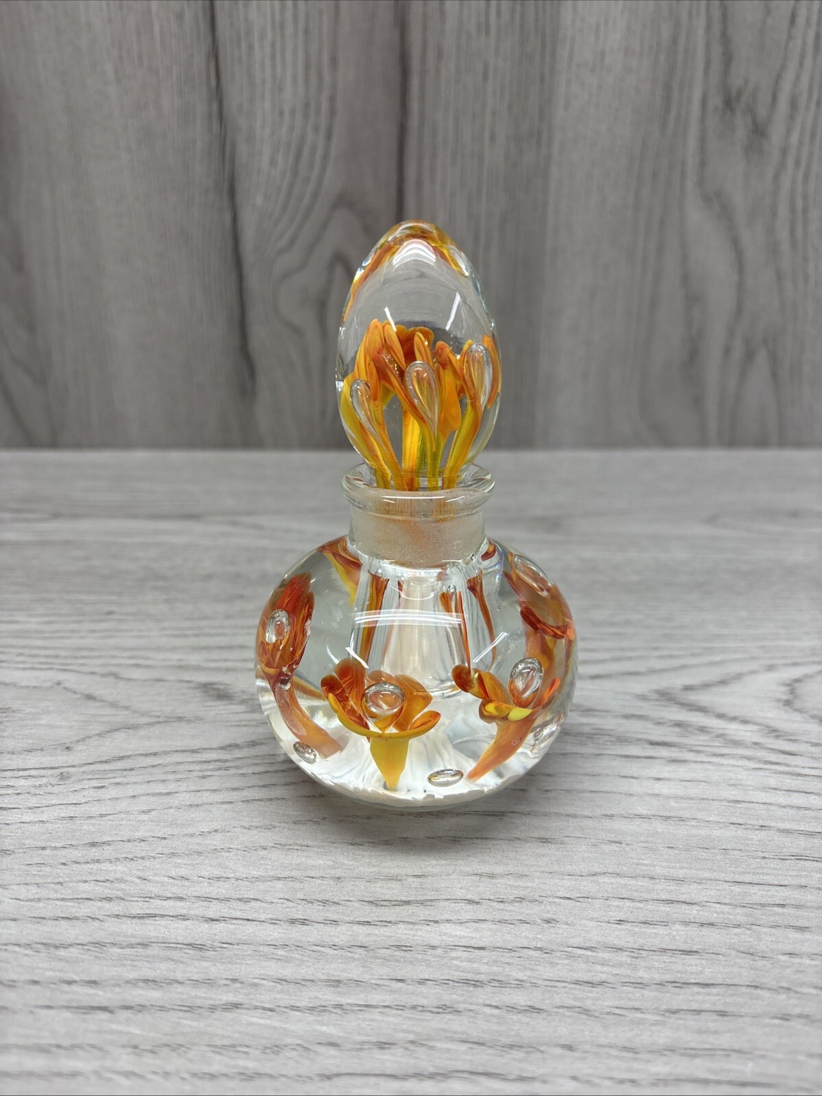 Vintage Joe St Clair Art Glass Inkwell Bottle Paperweight Orange Flowers 6”