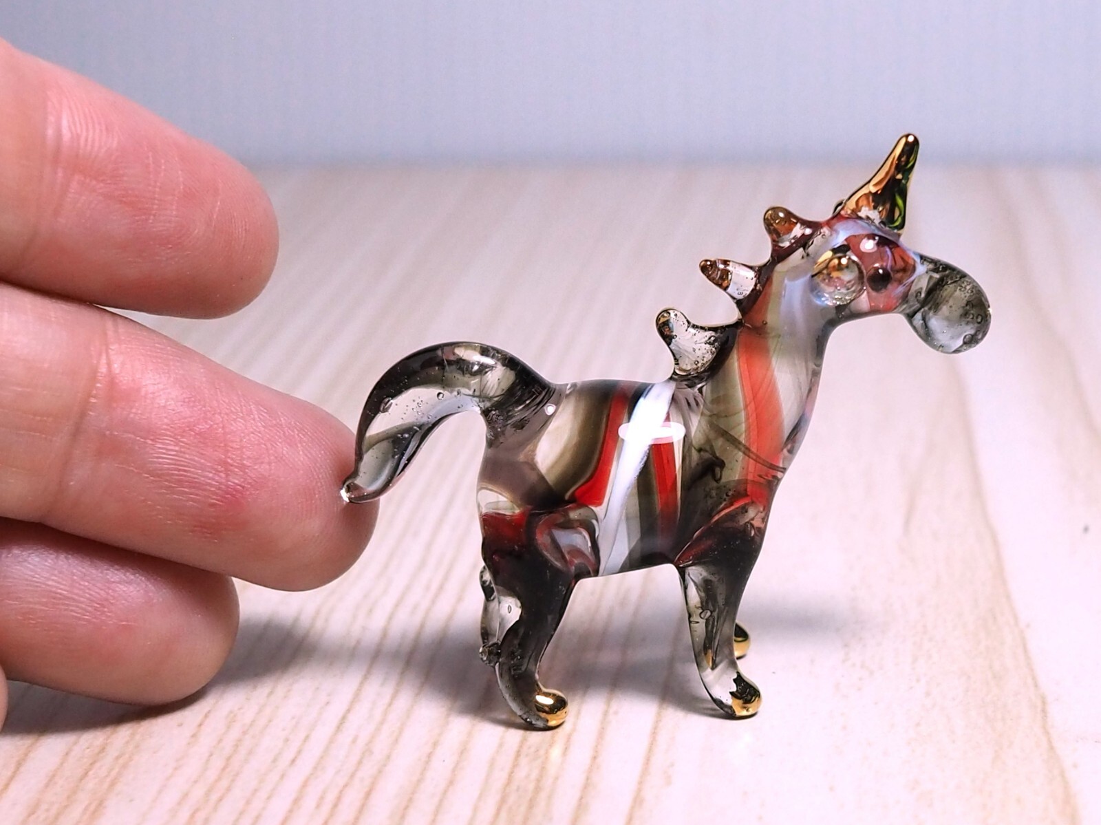 black Unicorn horse figurine hand blown glass art Myth gold trim 1.8″ gift decor
