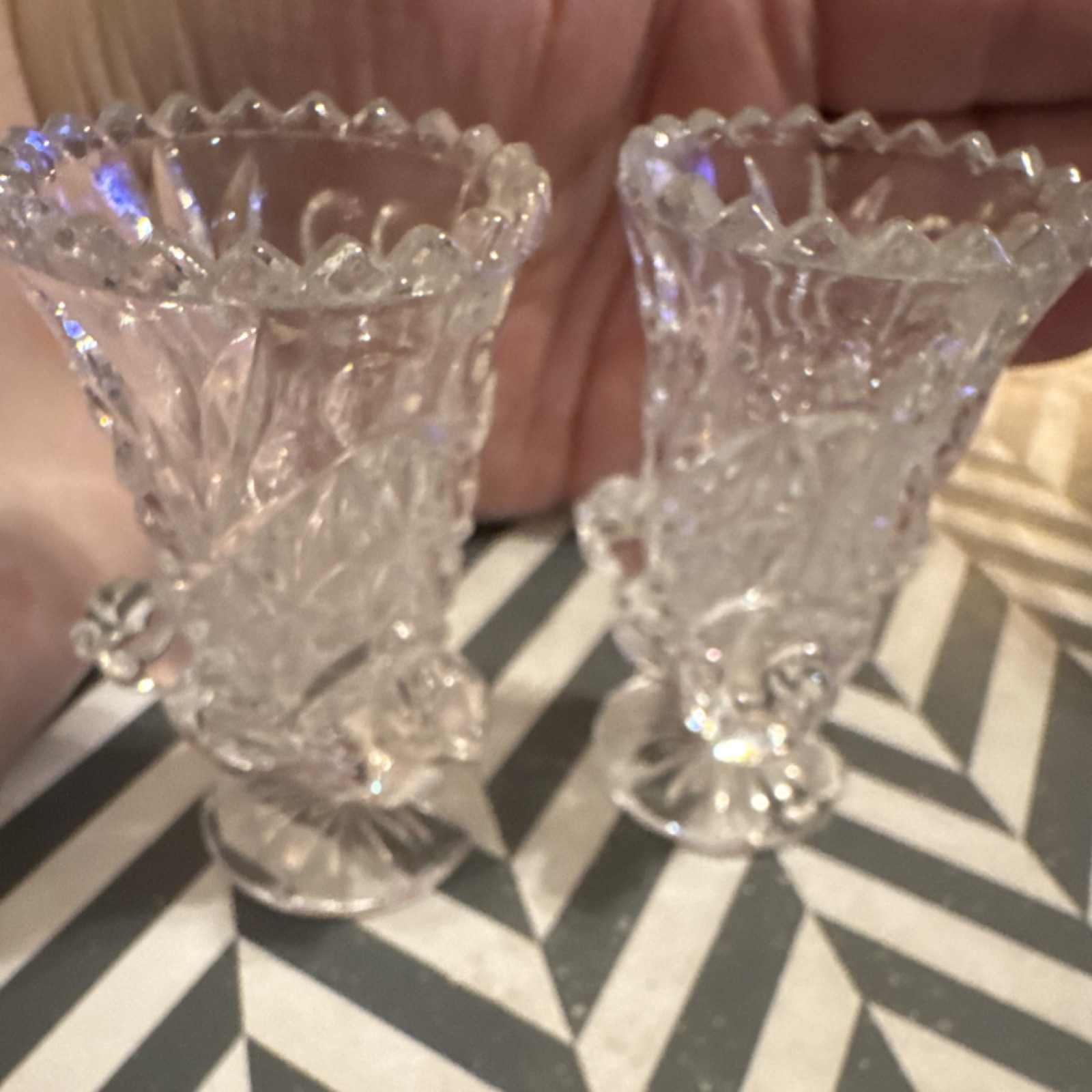 Pair of Clear Glass Diamond Pattern Mini Vases/Candle Stick Holders Crystal?
