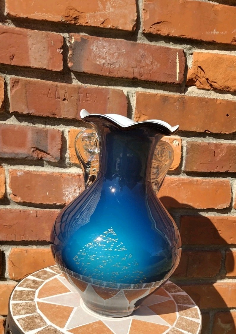 Vintage Teal Blue Blown Art Glass Vase Gold Foil Ruffled Rim Scrolled Handles