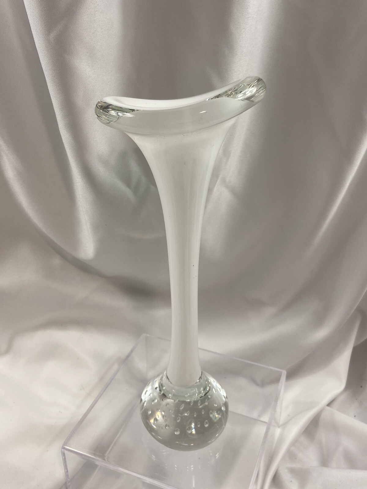 Vintage White Clear Art Glass Bud Vase Controlled Bubbles Base