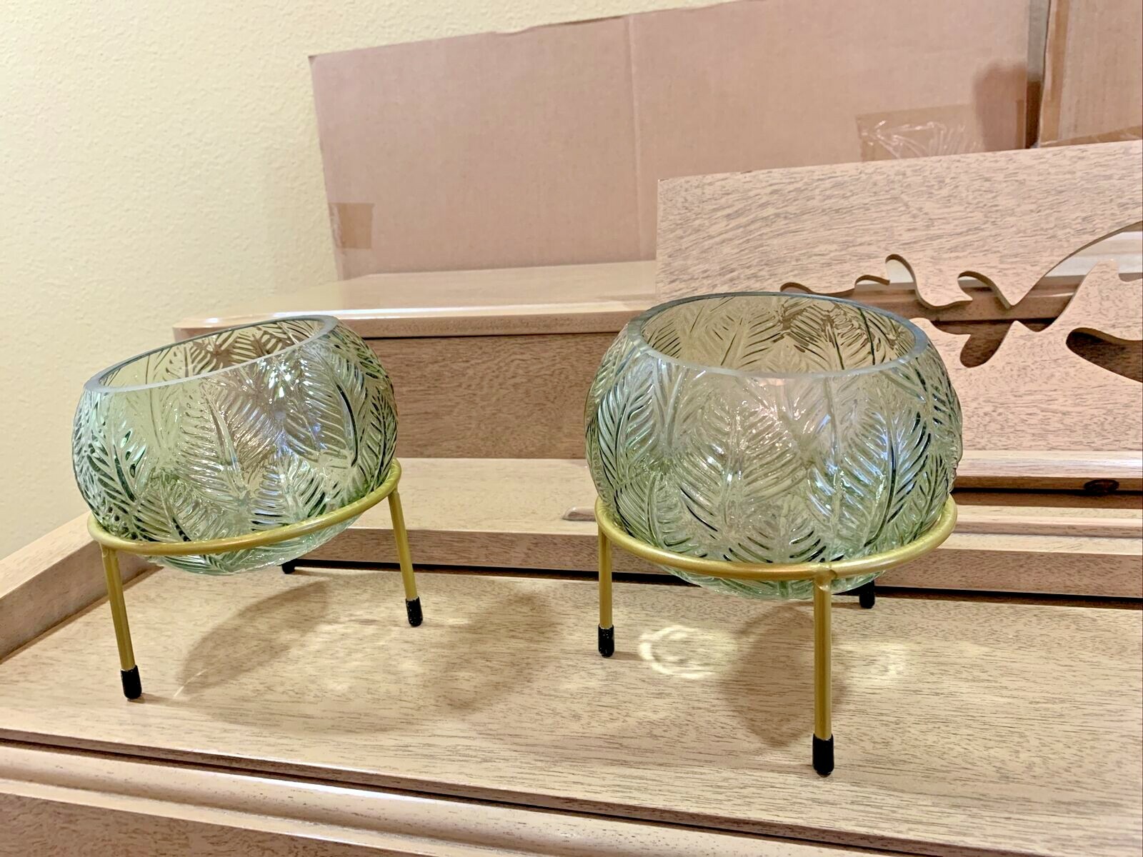 2 Piece Green Glass Hurricane Vases Free Stand Bowl Decorative Centerpiece Great