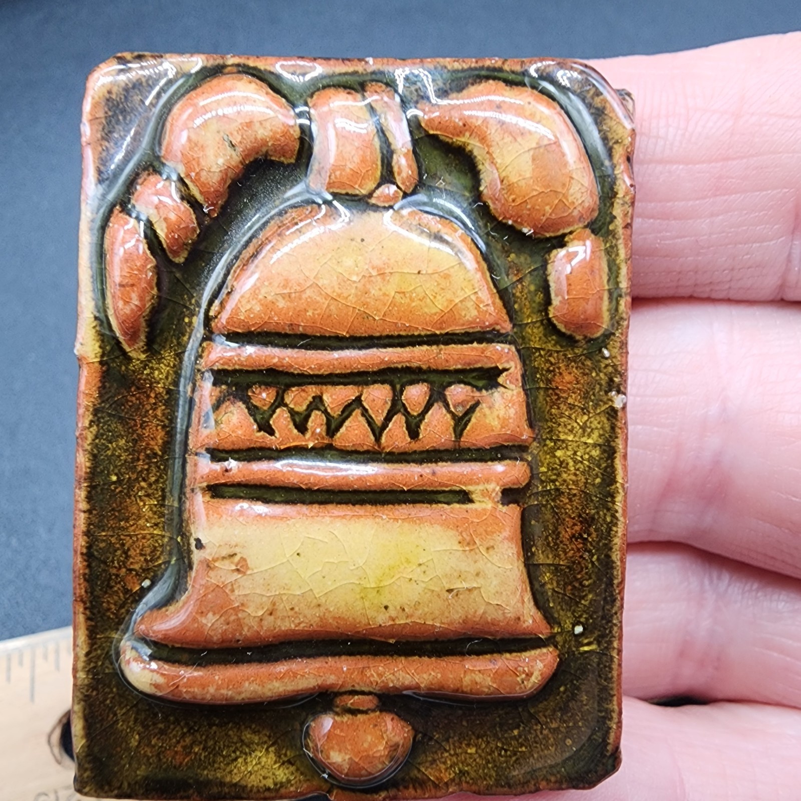 Vintage 1982 Mercer Moravian Tile & Pottery Works- Liberty Bell Tile 1.5×2″ RARE