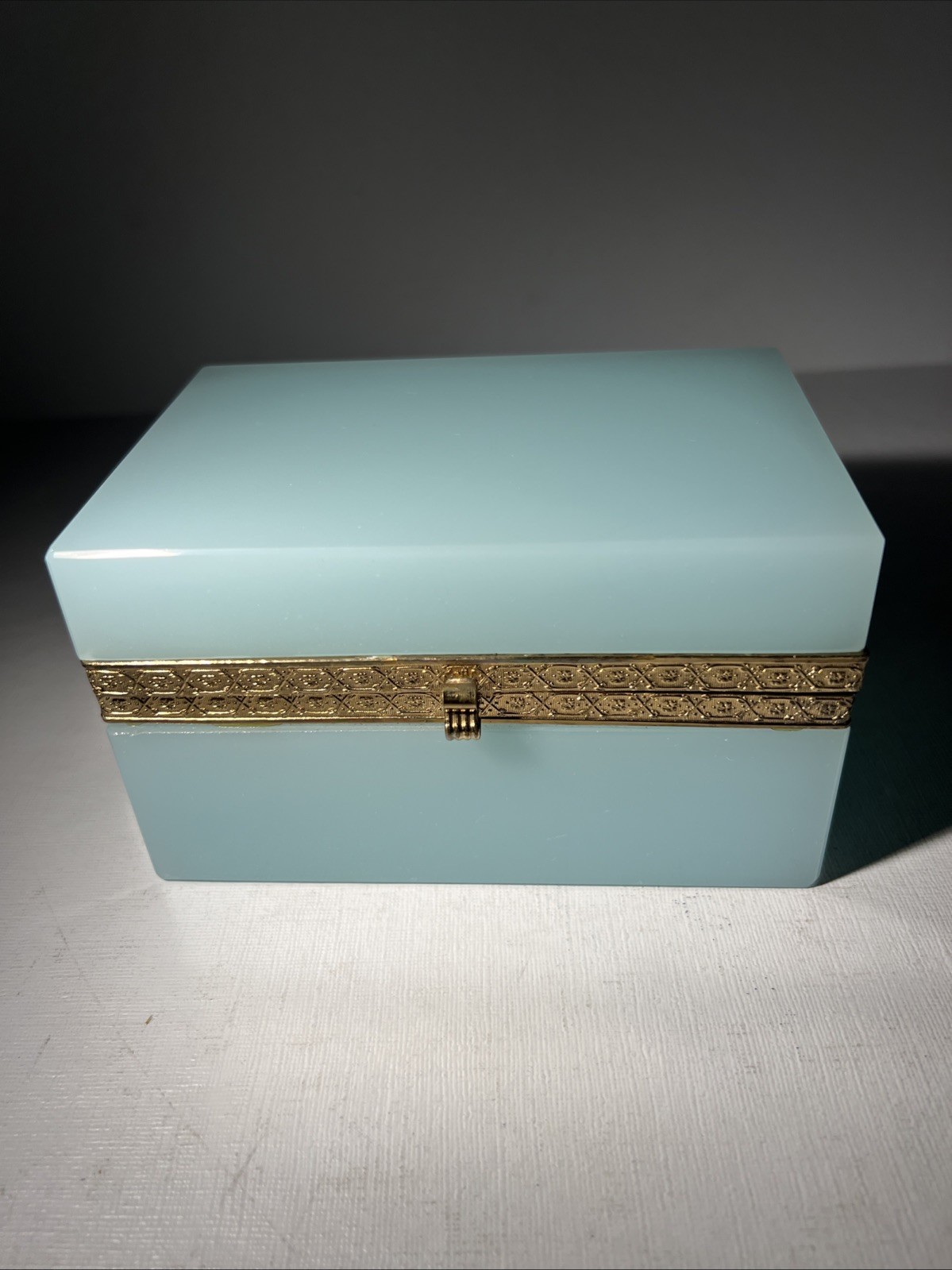 Antique French Opaline Blue Glass Box Hinged Brass Vintage Jewelry