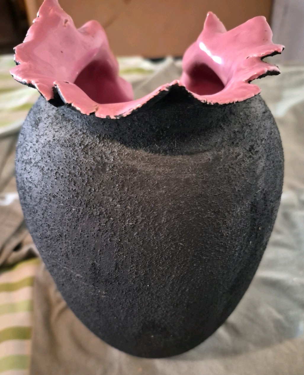 Ceramic Decorative Vase Black Pink Matte Glossy Finish with Ruffled Rim