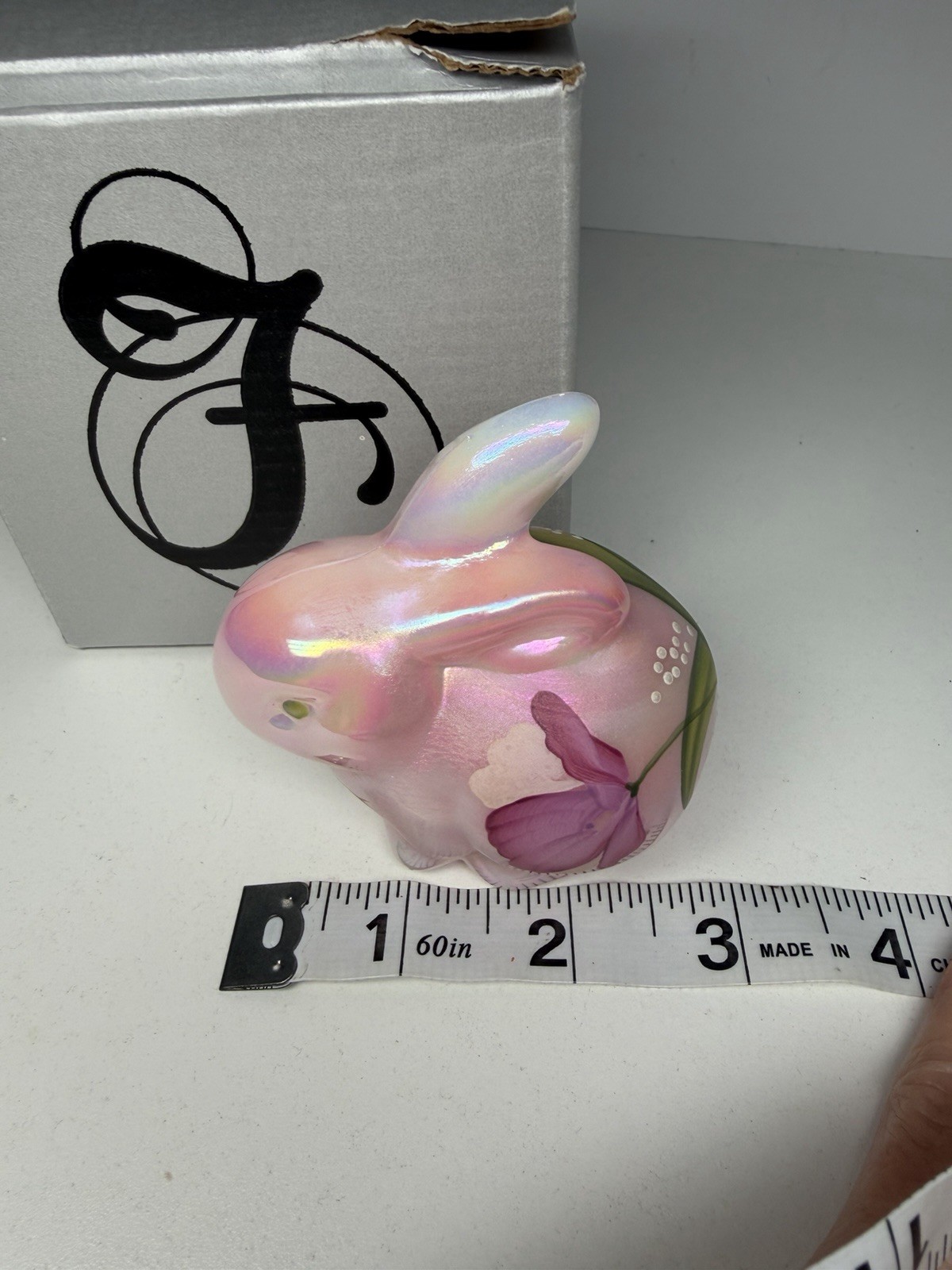 Vintage FENTON Pink Iridescent Hand Painted Glass Bunny Rabbit-Signed With Box
