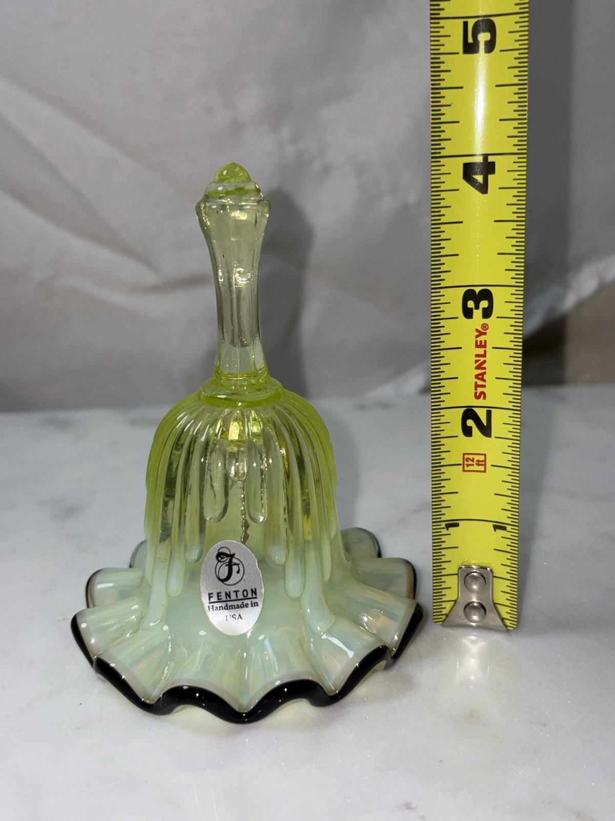Rare Vintage Fenton Vaseline Topaz Ebony Crest Mini Bell *GLOWS*