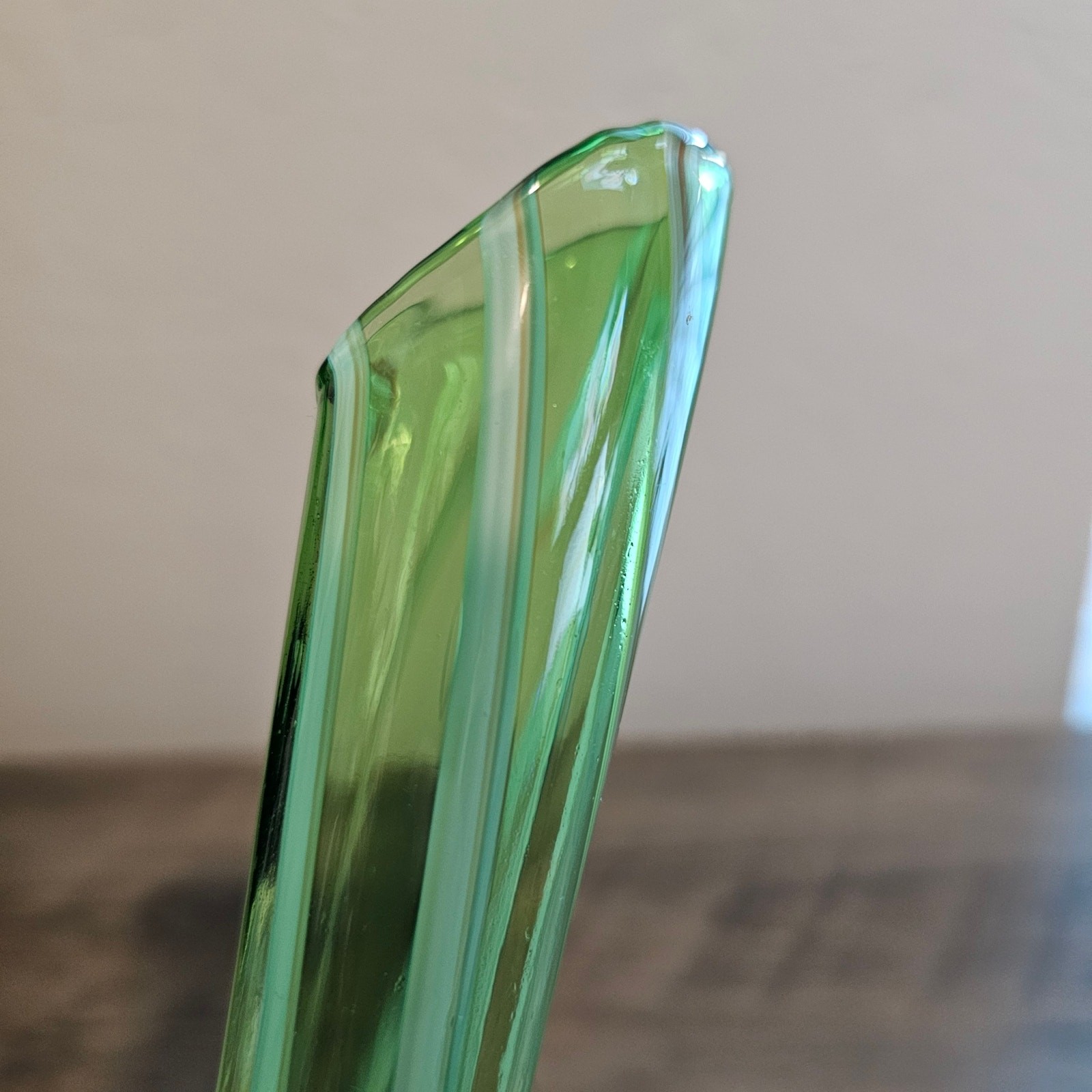 Vintage MCM Hand Blown Glass Stretch Bud Vase 10.5″ Green Art Decor 1960s Mod