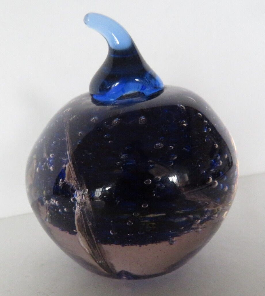 Paperweight Hand Blown Glass Apple Purple Blue Vintage Art Glass Smooth Bottom