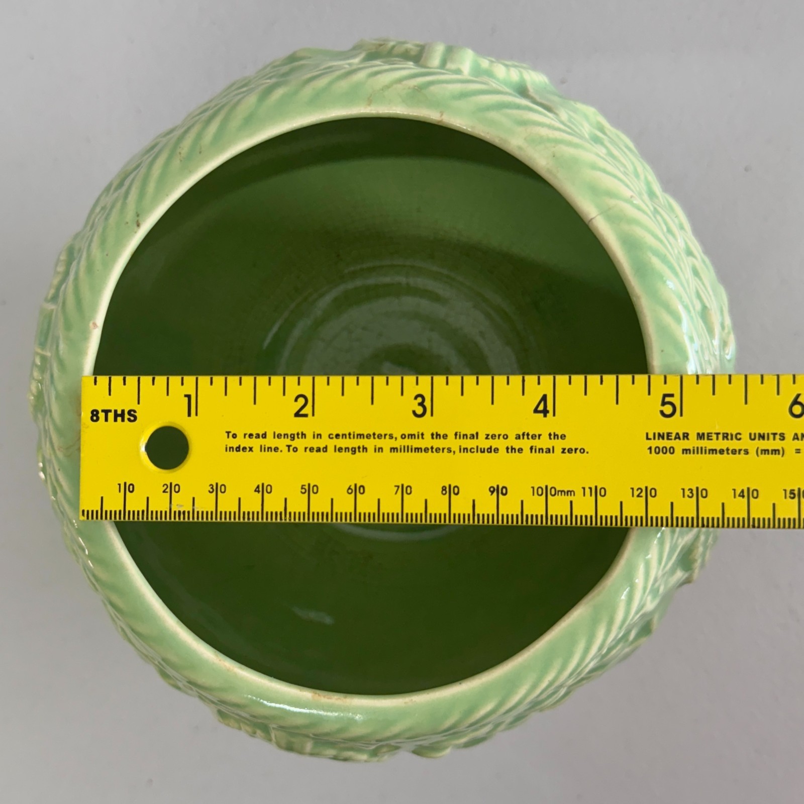 Vintage McCoy Seafoam Green Basketweave Leaf Berry Jardiniere Planter 6in