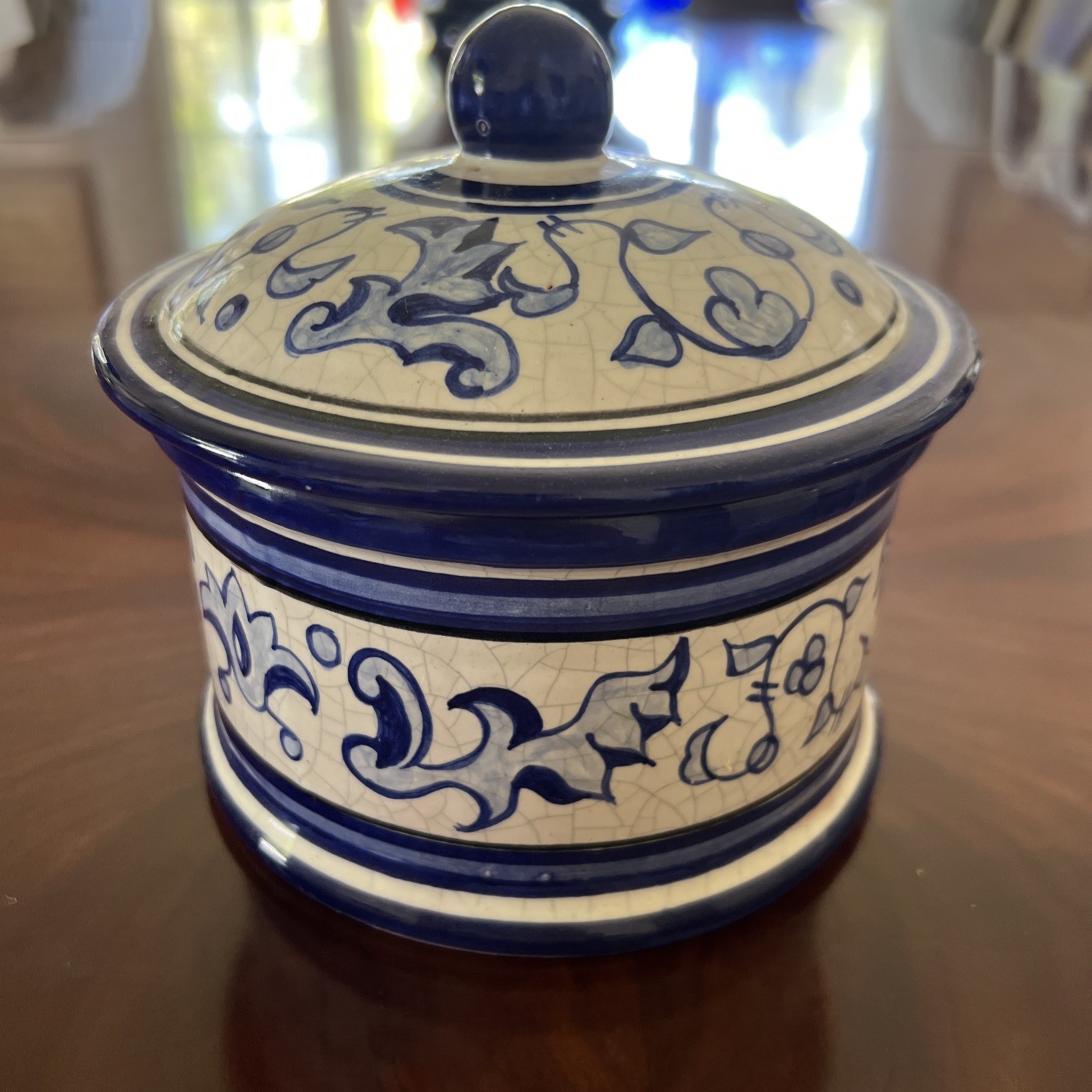 Handmade Cuban Blue/White Pottery Covered Box 6” Diameter