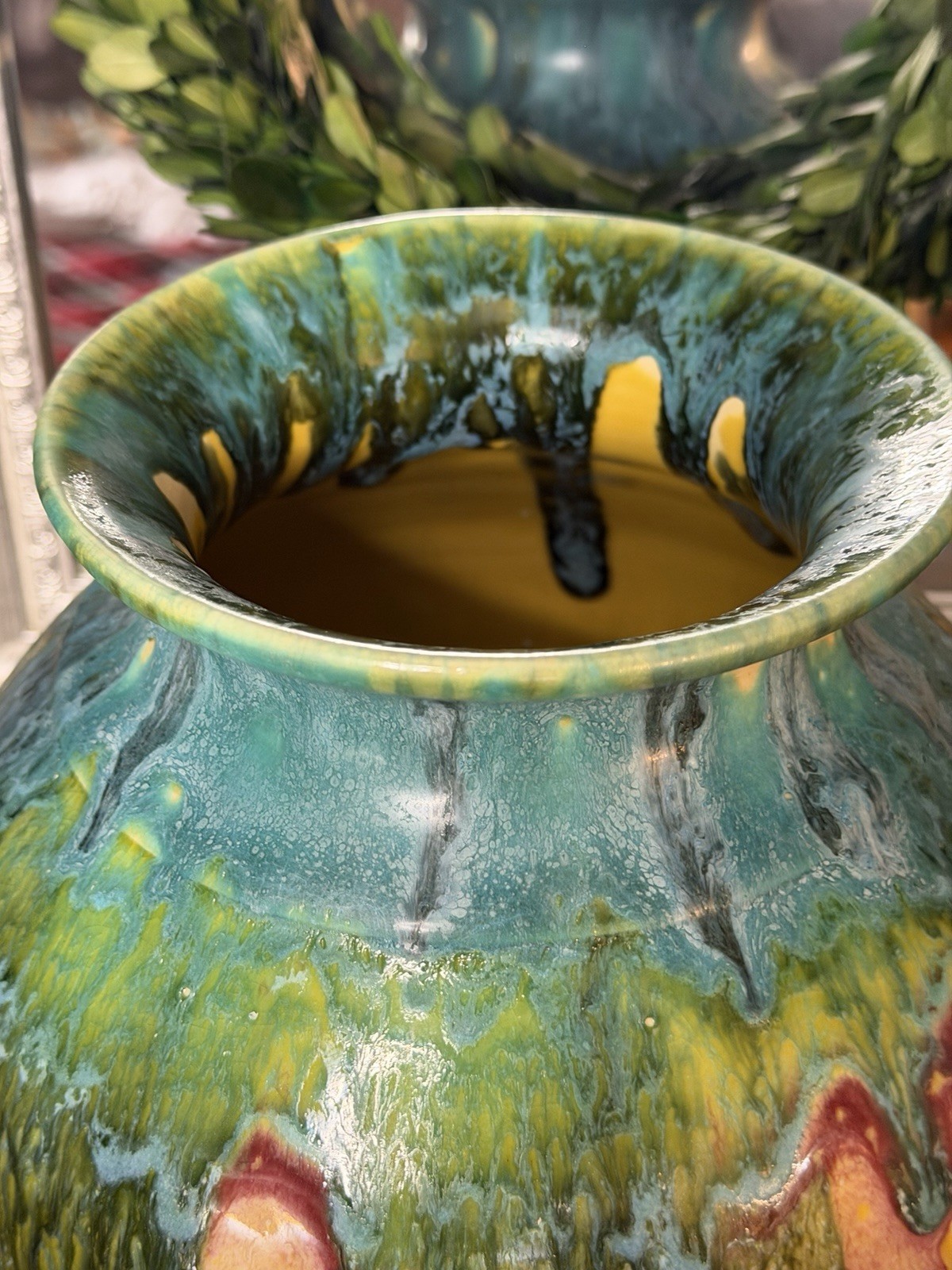 Handcrafted Artist Signed Multi-Color Blended Onyx Drip Glaze Pottery Vase 8.75″