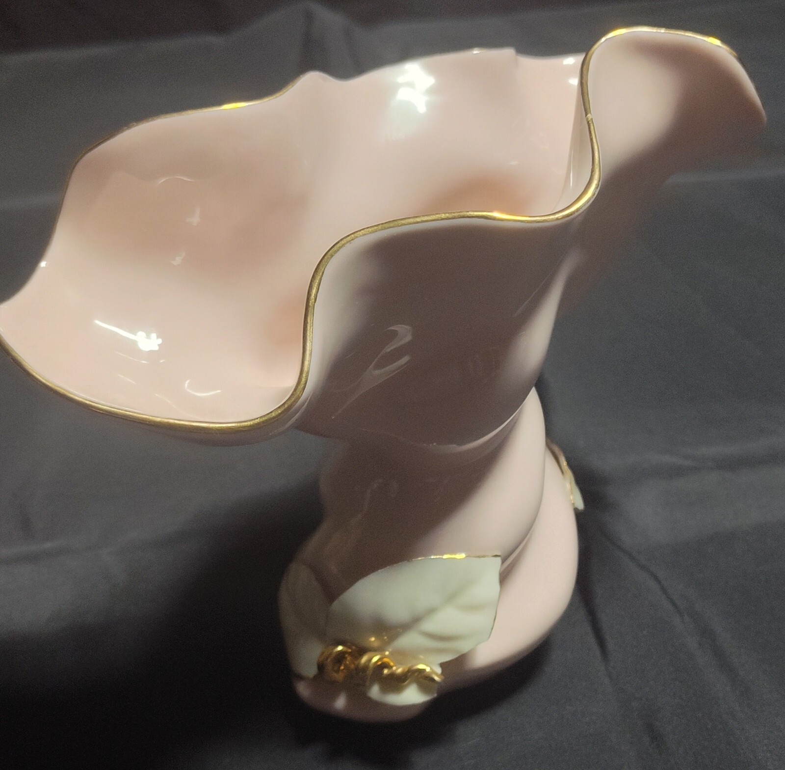 Newell Studios Ceramic MCM Pottery Vase Pink with White Leaves Gold Trim