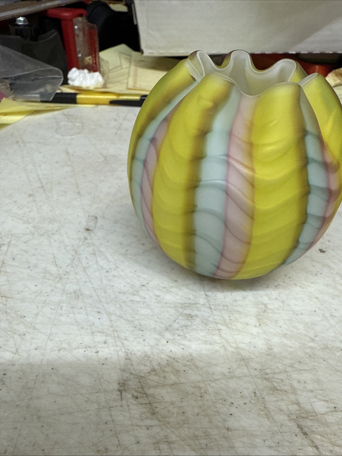 Satin glass Herringbone Rose Bowl 3.25 inches tall; pink, yellow, blue
