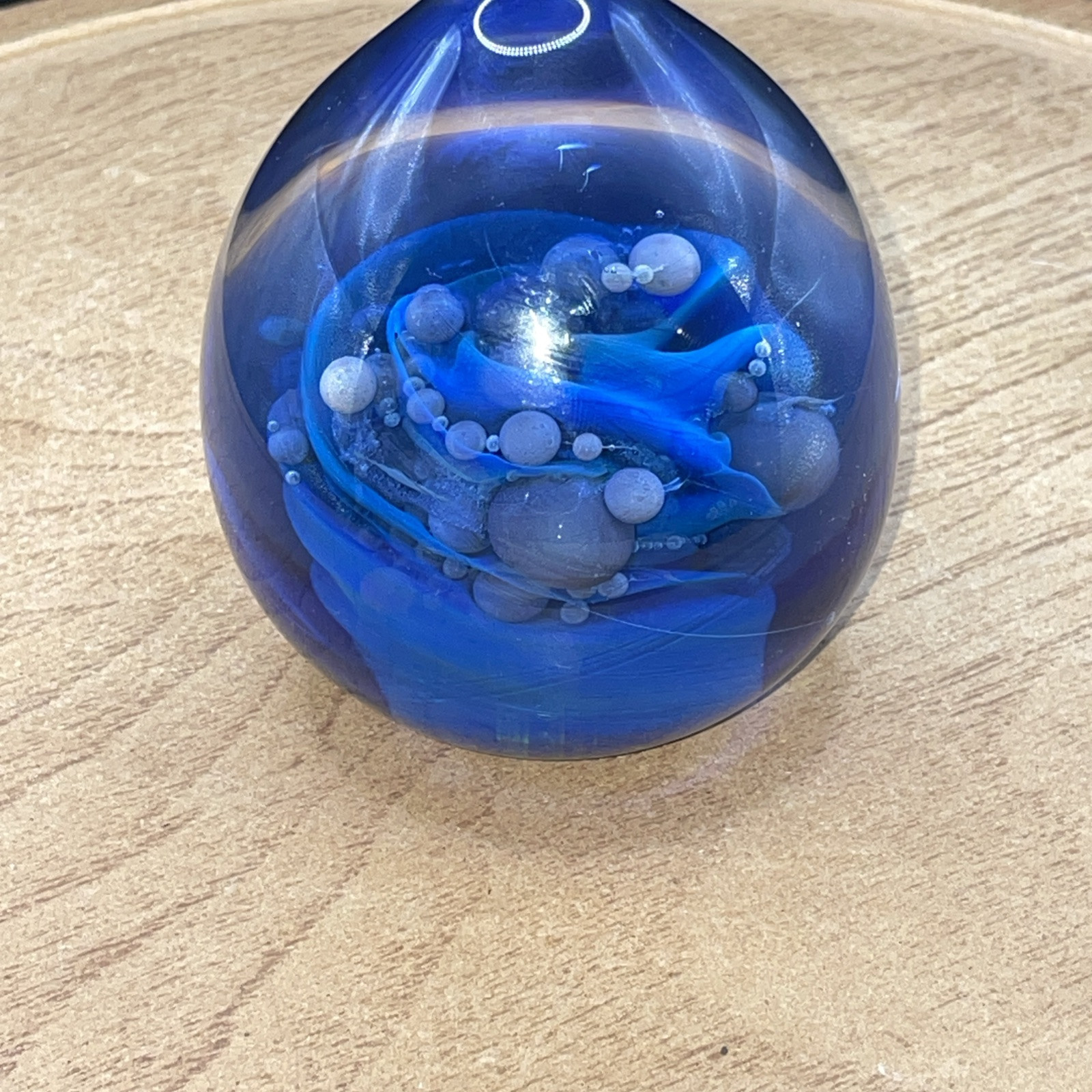 Handblown Seegers and Fein Signed Clear and Blue Glass Cosmic Paperweight 1994