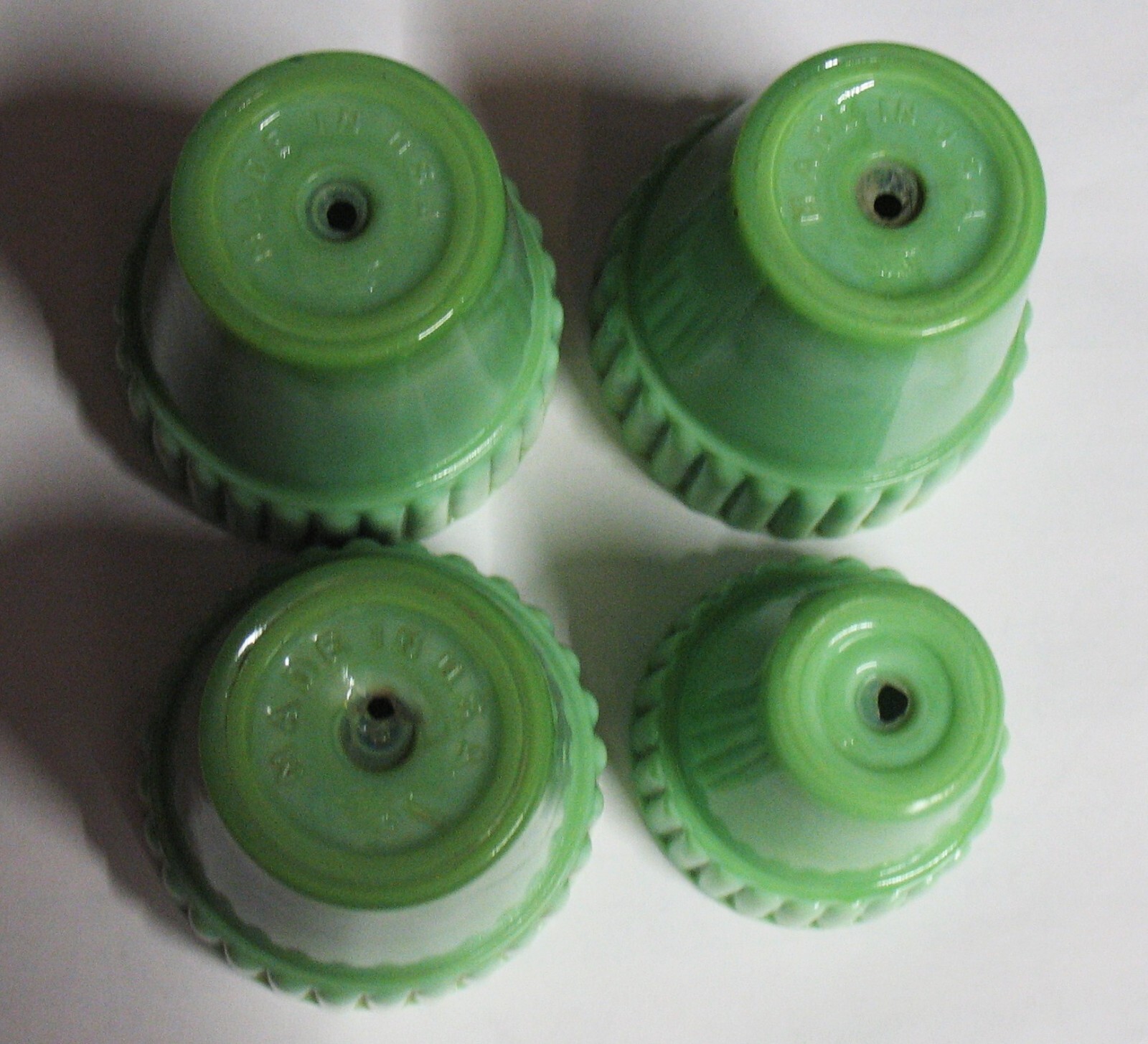 4 Akro Agate Flower Pot, Jadeite Slag Glass, Vintage Art Deco 2.25 and 1.75 in