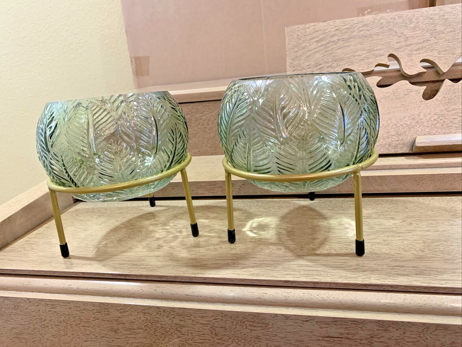 2 Piece Green Glass Hurricane Vases Free Stand Bowl Decorative Centerpiece Great
