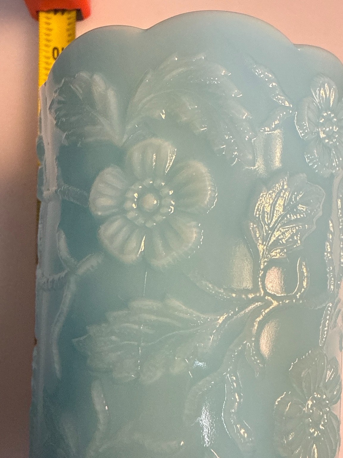 Fenton Blue Satin Milk Glass Peacock Floral Embossed Vase Celery Vase 9.5” Vinta