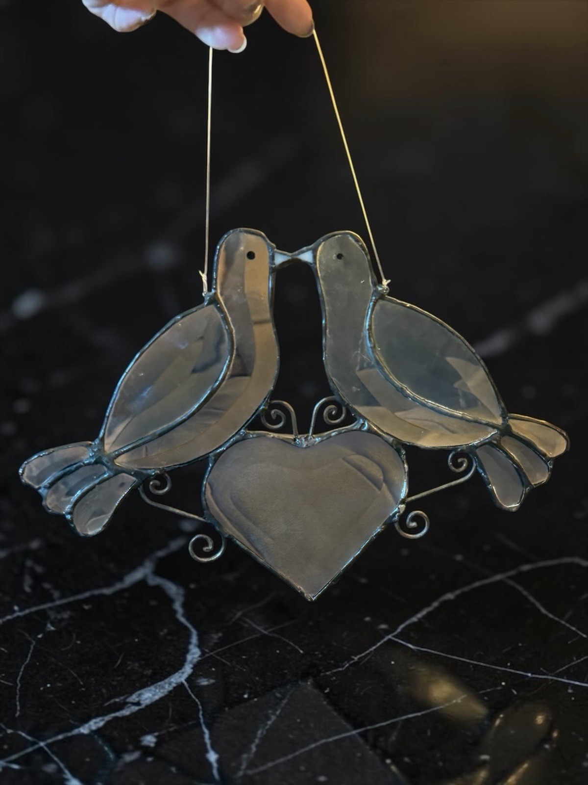 Vtg Leaded Stained Glass Love Birds Dove Heart Window Hanging Sun Catcher